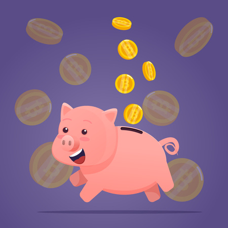 Piggy bank with gold coins bitcoin . smiling jumping pig with money coins on Ultra Violet background. Vector illustrationのイラスト素材