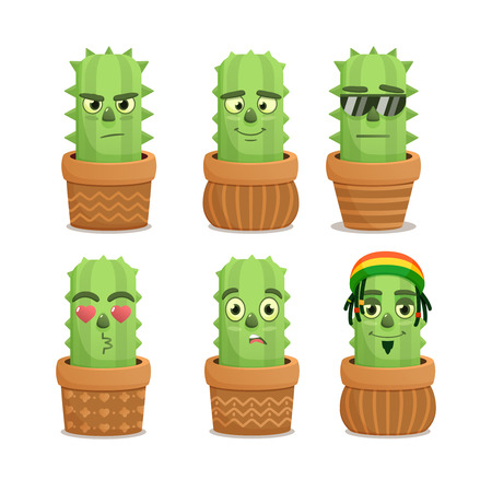 Cactus emotion characters set. emoji with cactus . vector illustration on white backgroundのイラスト素材