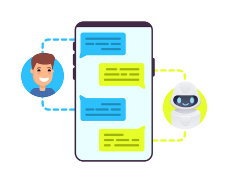 Man chatting with chat bot on smartphone asking question, getting solution. Concept illustration. Vector colorful cartoon designのイラスト素材