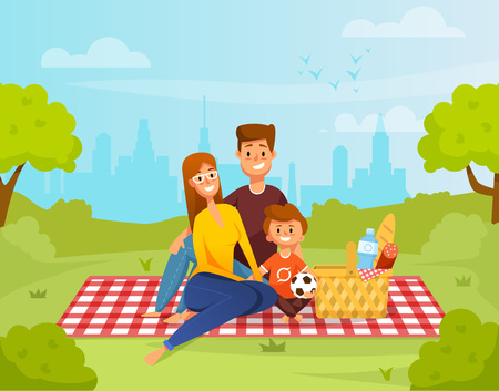 Happy family relaxing on picnic. Mom, dad and son in the park. Vector illustration. cartoon styleのイラスト素材