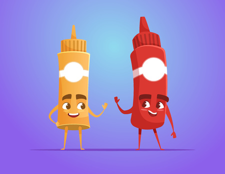 Ketchup and mustard waving hand as friends. Food characters. Funny cartoon characters. Vector illustration isolated on colorful gradient.のイラスト素材