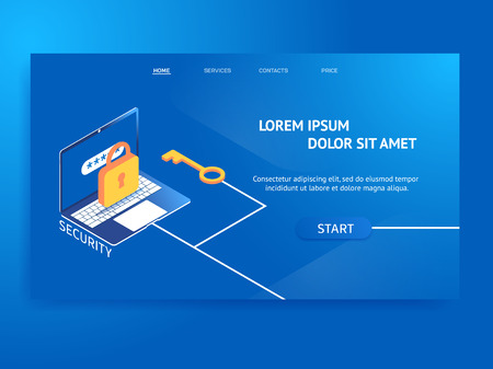 Data Protection web banner concept. isometric laptop with lock and key.landing.  vpn. privacy protection. vector illustration.のイラスト素材