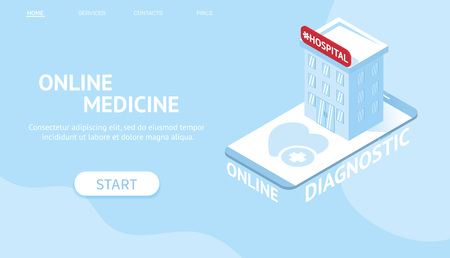 modern isometric web banner concept for online diagnostic. online doctor web page, healthcare website or mobile development. Vector illustration.のイラスト素材