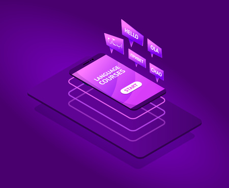 Modern future isometric language courses with flying smartphone. neon colors.speak bobble in foreign languages. vector illustration isolated objects.のイラスト素材