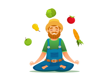 Farmer in yoga pose sitting around fruits and vegetables. vector cartoon illustration. isolated vector illustrationのイラスト素材