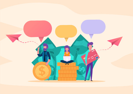 Web page illustration concept. small people business parters or customers speaking  chatting about money, successful investment, business startup. with money and coins, dialogue speech bubbles. vectorのイラスト素材