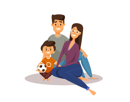 Happy family. Cartoon characters. Father, mother and son with football ball. smiling happy group of people. vector flat illustration isolated on white background.のイラスト素材