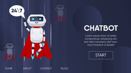 Superhero flying. Chatbot business concept. Chatbot, artificial intelligence, customer support, hotline with bot. AI and business IOT concept.Website template landing for websites or apps.のイラスト素材