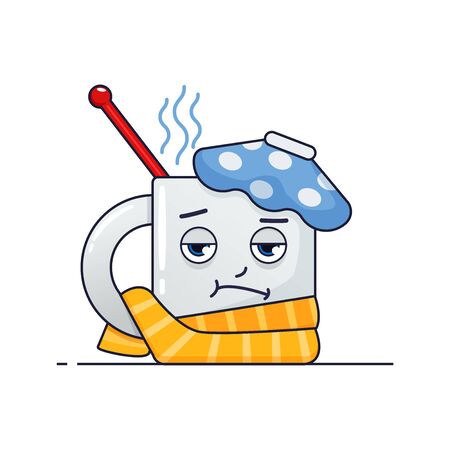 Cup character design with flu, cold, fever with scarf, thermometer and heating padのイラスト素材