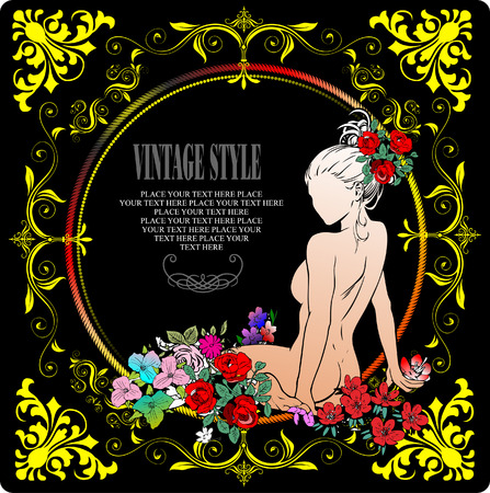 Vintage style frame with nude girl image. Vector illustration for designersのイラスト素材
