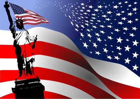 American flag with Liberty  statue  image. Vector illustrationのイラスト素材