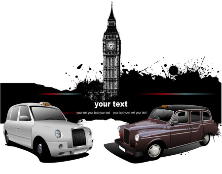 London background with Big Ben and two taxicabs. Vector illustrationのイラスト素材