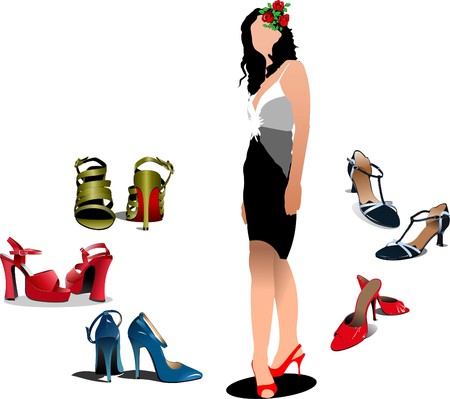Young Woman with 5 pair of shoes.  illustrationのイラスト素材