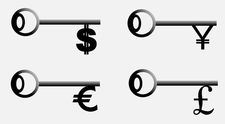 Set icons money-key. Dollar, euro, yen, pound.  のイラスト素材
