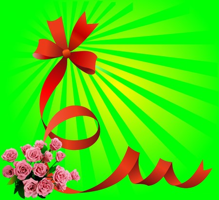 Festive red bow on green background with rosesのイラスト素材