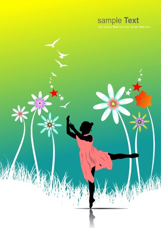 Summer green background with dancer girl.   illustrationのイラスト素材