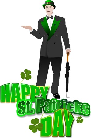 Gentleman  with umbrella in green hat for St. Patrick`s day.  illustrationのイラスト素材