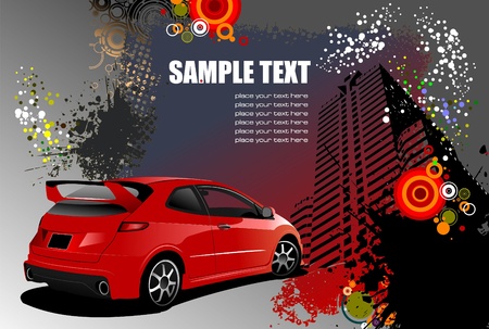 Grunge abstract hi-tech background with red car image. Vector illustrationのイラスト素材