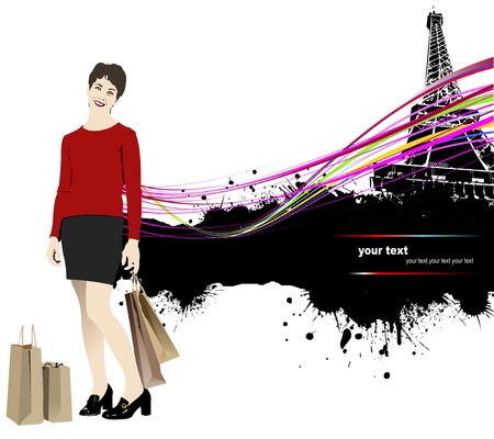 Cute young woman with shopping bags on Paris image background. Vector illustrationのイラスト素材