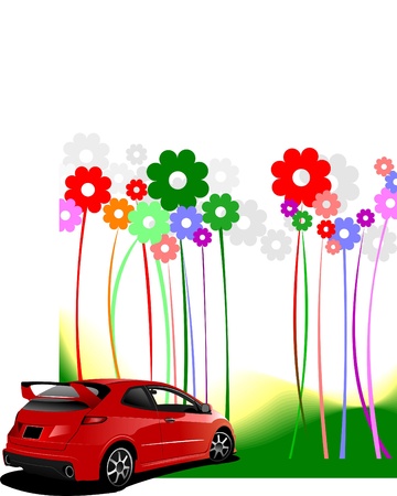 Abstract flowers with red car image. Vector illustrationのイラスト素材