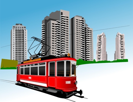Dormitory and rarity tram. Vector illustrationのイラスト素材