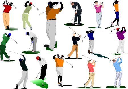 Sixteen Golfers hitting ball with iron club. Vector illustrationのイラスト素材