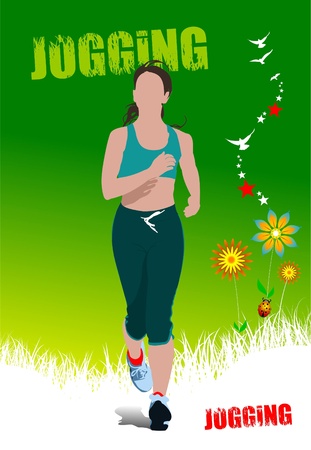 Green summer  poster with jogging woman. Vector illustrationのイラスト素材