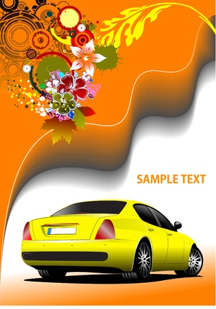 Floral background with yellow car image. Vector illustration. Invitation cardのイラスト素材