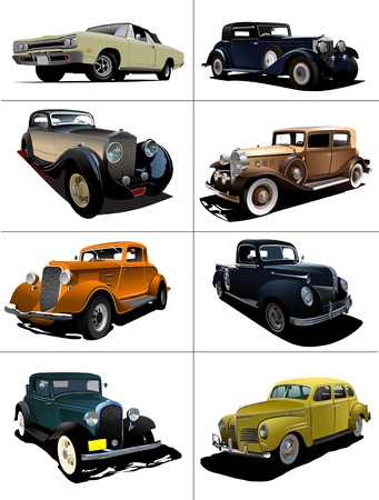 Eight  rarity cars fifty ears old. Sedan, cabriolet with closed roof. Vector illustrationのイラスト素材