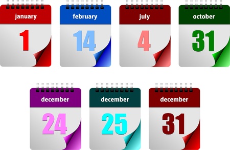 Seven abstract glossy calendar pages. New Year. Valentineï¿½s Day, Independence day. Halloween. Christmas.  Vector illustrationのイラスト素材