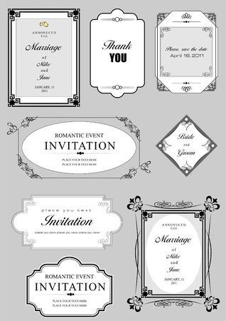 Set of ornate vector frames and ornaments with sample text. Perfect as invitation or announcement. All pieces are separate. Easy to change colors and edit.のイラスト素材