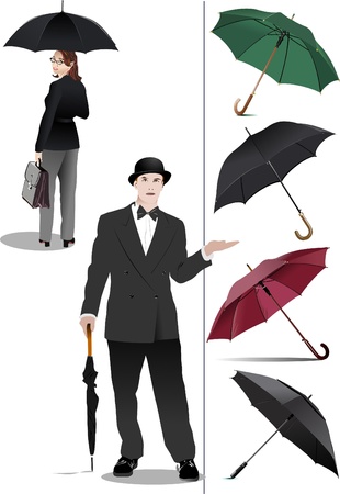 Four types of opened rain umbrella. Woman and gentleman with umbrella. Vector illustrationのイラスト素材