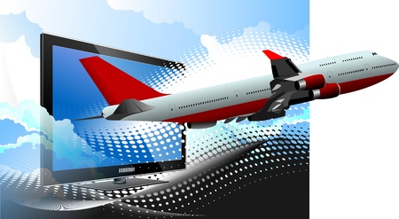 Blue dotted background with Flat computer monitor with passenger plane. Display. Eps 10 Vector illustrationのイラスト素材
