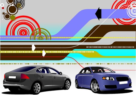 Abstract hi-tech background with two car sedan images. Vector illustrationのイラスト素材