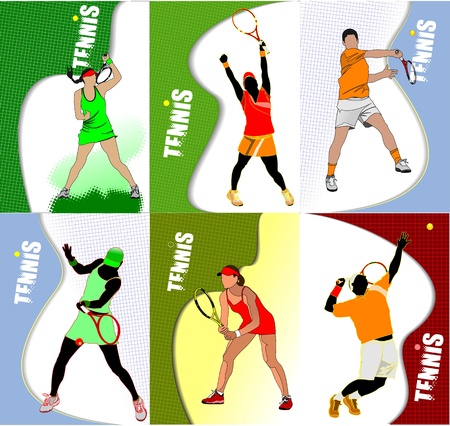 Six Posters of  tennis player. Colored Vector illustration for designers のイラスト素材