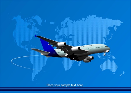 Blue abstract background with passenger plane and world map images. Vector illustrationのイラスト素材