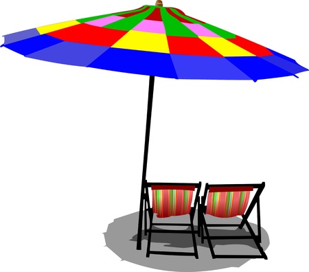 Two beach chairs and colored umbrella on beachのイラスト素材