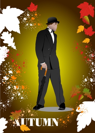 Abstract vector autumnal leaves pattern background with man and umbrella. Vectorのイラスト素材
