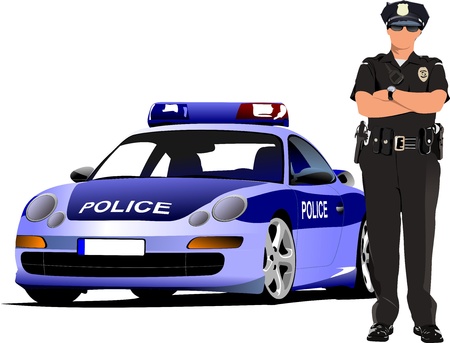 Police woman standing near police car  isolated on white. Vector illustrationのイラスト素材
