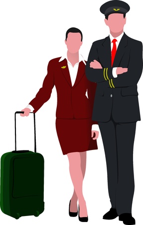Flight crew. Cheerful pilot and stewardess with trolley, isolated over white background. のイラスト素材