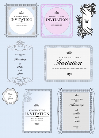 Set of ornate vector frames and ornaments with sample text. Perfect as invitation or announcement. All pieces are separateのイラスト素材