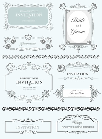 Big collection of ornate vector frames and ornaments with sample text  Perfect as invitation or announcement  All pieces are separateのイラスト素材