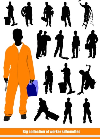People silhouettes  Big collection of workers in action  Vector illustrationのイラスト素材