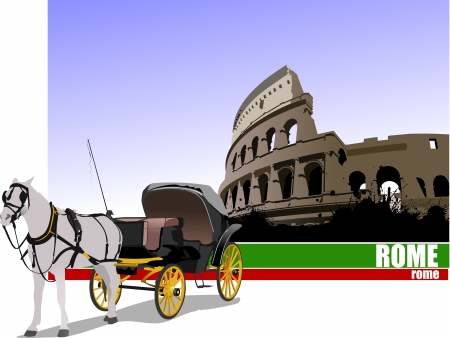 Vintage carriage and horse on Rome background. Vector illustration のイラスト素材