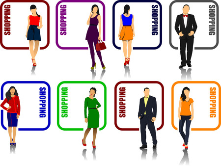 Eight shopping icons with man and woman image  Vector illustrationのイラスト素材