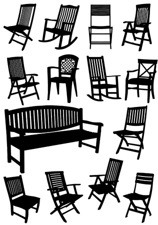 Collection of garden chairs and benches silhouettes. Vector illustrationのイラスト素材