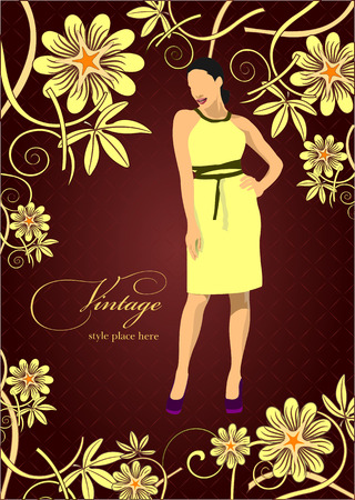 Gold ornament on brown background with young girl image and flower. Vector illustrationのイラスト素材