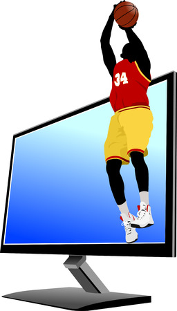 Background with Flat computer monitor with basketball player imageのイラスト素材