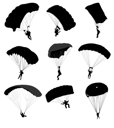 Big collection of parachutists in flight. Vector illustrationのイラスト素材