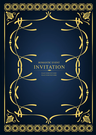 Gold ornament on blue background. Can be used as invitation card or cover. Vector illustrationのイラスト素材